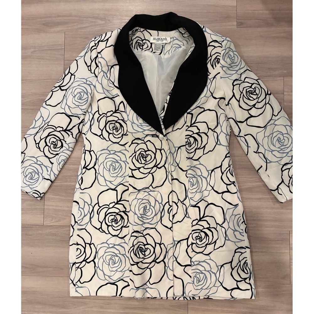 Nubiano New York Black and White Floral Rose Print Coat Jacket Size 16